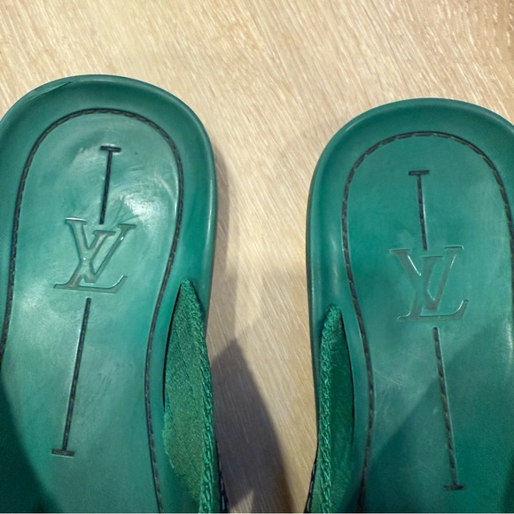 Louis Vuitton Mens 12 Kelly Green Rubber Leather Canvas Flip Flop Thong Sandals - Picture 3 of 7